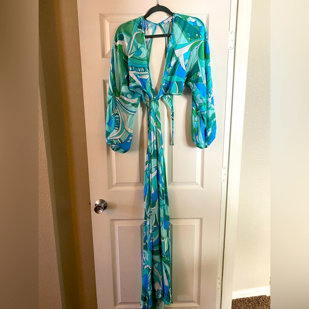 L’ABEYE blue teal long sleeve floor length maxi dress size small
